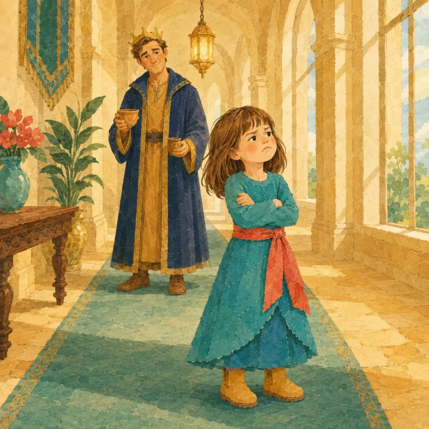 Allison stands stormy with her arms crossed in a long bright hall while the King, a few respectful steps back, holds his cup and a second smaller cup, head tilted as if listening to weather.