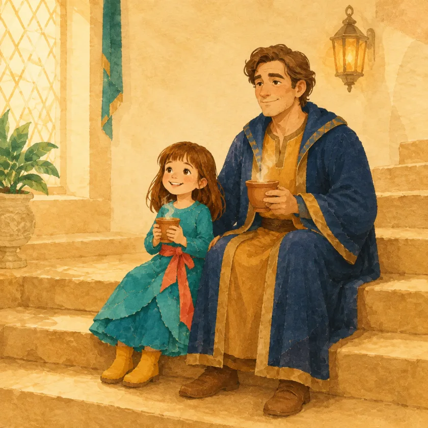 Allison and the King sit side by side on the wide stone stair, both holding steaming cups and looking ahead together, her shoulders beginning to come down.