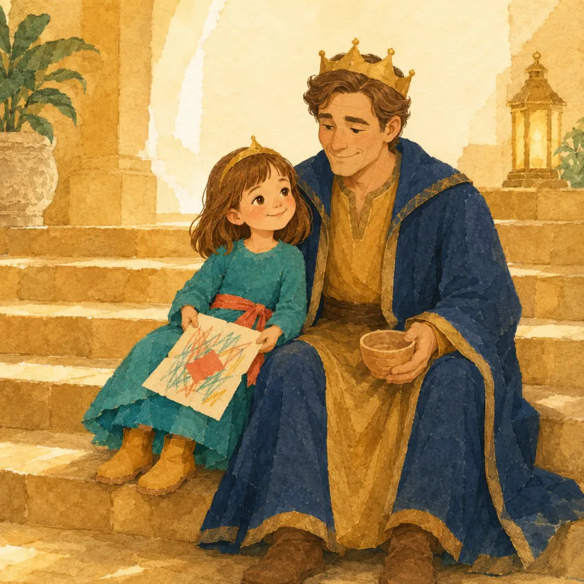 In golden afternoon light Allison leans against the King's arm on the stair, holding the mended drawing with its bright coral patch on her knees.