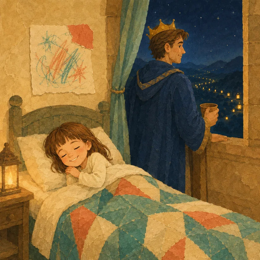 Allison sleeps smiling beneath the mended drawing on her wall while the King stands at the window with his cup, the lantern road glowing under a clear indigo night.