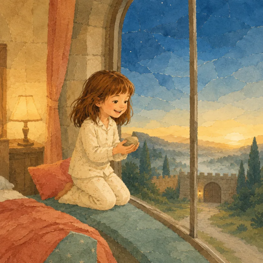 A girl in cream pajamas kneels on a window seat in a stone tower bedroom before sunrise, holding a small grey river stone in both hands and smiling out through a tall arched window; beyond the glass a lamp-lit gatehouse stands with its heavy wooden gate shut, above misty blue hills and a gold sunrise.