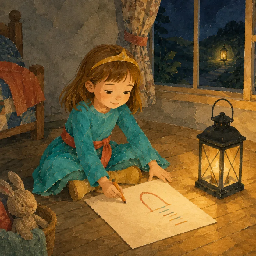 By lantern light on a wooden bedroom floor at night, Princess Allison in her teal overdress, coral sash and gold crown draws with an orange crayon on a sheet of cream paper: one arched gate shape with a row of short coloured marks beside it. A stuffed rabbit sits in a basket behind her and a far lantern glows through the dark window.
