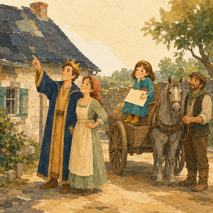 In a sunlit cottage yard the King in his indigo robe and gold crown points up at a patched slate roof while a woman in an apron and coral headscarf looks up beside him. At the empty wooden cart a bearded driver holds a dapple-grey horse, and Princess Allison sits on the cart edge with a completely blank sheet of paper on her lap and her chin propped on one hand.