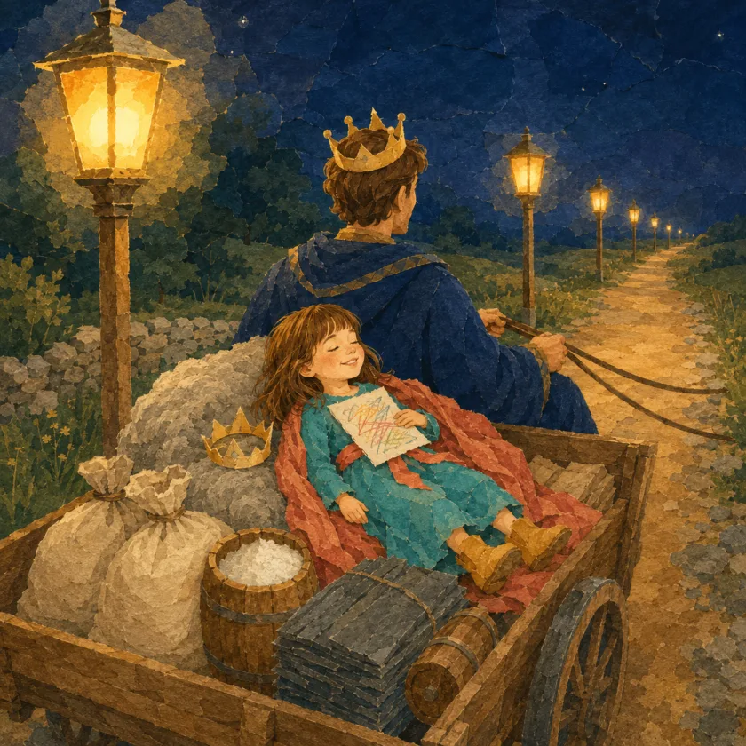 On a dark country road lit by a receding line of gold lanterns, Princess Allison lies back against a grey wool bale in the loaded cart with her gold crown set down beside her and a coral blanket over her, eyes closed and smiling, a page covered in coloured crayon marks resting on her chest. The King drives from the bench ahead, seen from behind, and the cart is full of flour sacks, an open barrel of salt, stacked slates and a keg.