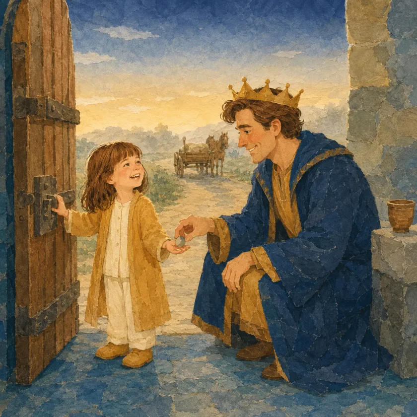 At sunrise a heavy wooden gate stands open. Princess Allison, in her ochre coat over cream pajamas with no crown, keeps one hand on the iron latch and looks up smiling, while the King crouches to her height and places a small grey river stone into her open palm. His plain clay cup sits on the stone wall, and a cart with two horses waits on the misty road beyond.
