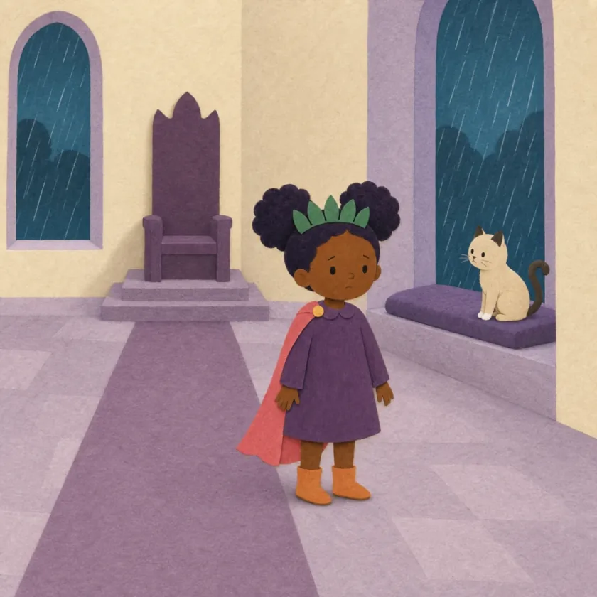 Princess Sela stands in a quiet throne room while rain trails down the tall windows and Nim watches from a window seat.