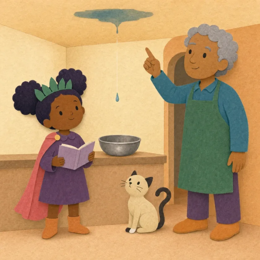A ceiling drip falls into an empty kitchen bowl as Princess Sela opens her notebook and Ivo points to the damp patch above.