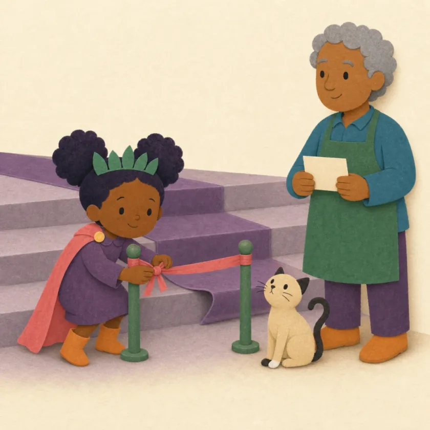 Nim sits beside a lifted carpet edge while Sela ties a ribbon barrier and Ivo holds a blank repair card.