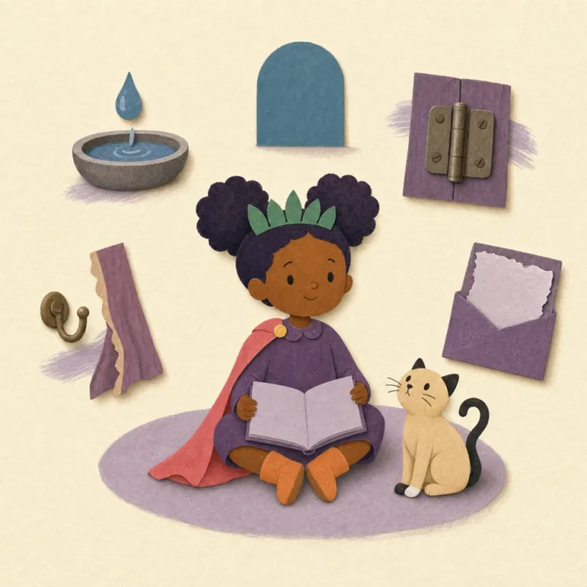 Princess Sela sits with Nim and a blank notebook while four small reminders show a drip, hinge, loose hook, and torn page.
