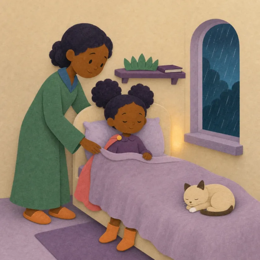 The queen tucks Princess Sela beneath a warm quilt while Nim sleeps at the foot of the bed and the leaf crown rests on a shelf.