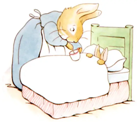 Beatrix Potter's frontispiece: Mrs. Rabbit giving Peter camomile tea in bed.