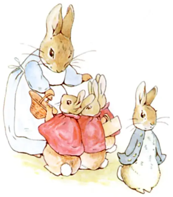 Mrs. Rabbit warning her four little rabbits before she goes out.