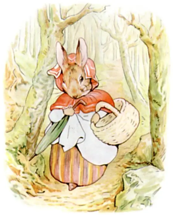 Old Mrs. Rabbit with her basket and umbrella, off through the wood.