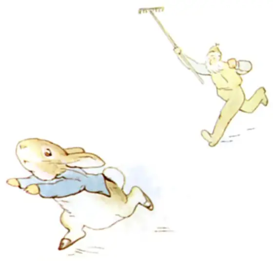 Mr. McGregor chasing Peter with a rake, calling Stop thief.