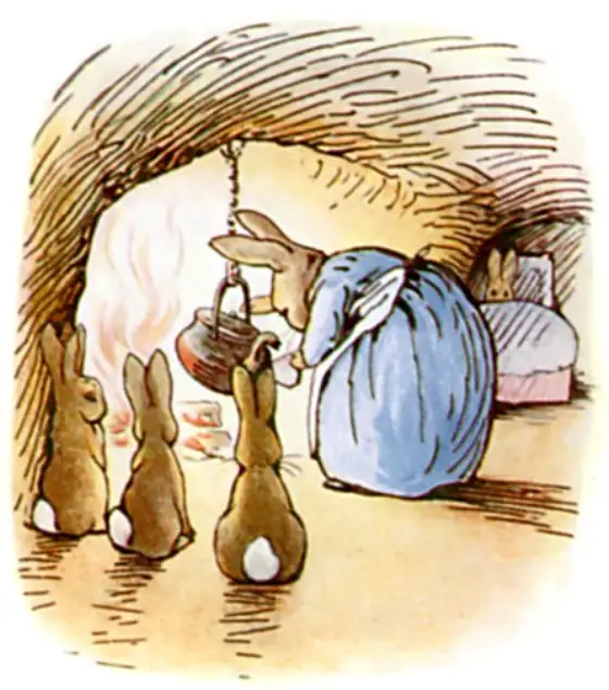 Peter tucked into bed while his mother makes camomile tea.