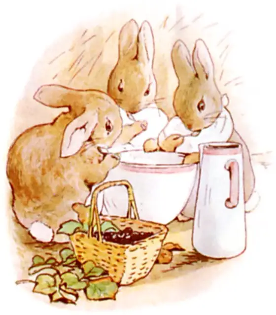 Flopsy, Mopsy, and Cotton-tail having bread and milk and blackberries for supper.