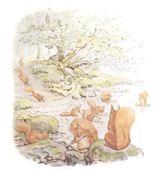 Beatrix Potter's picture for the passage: One autumn when the nuts were ripe, and the…