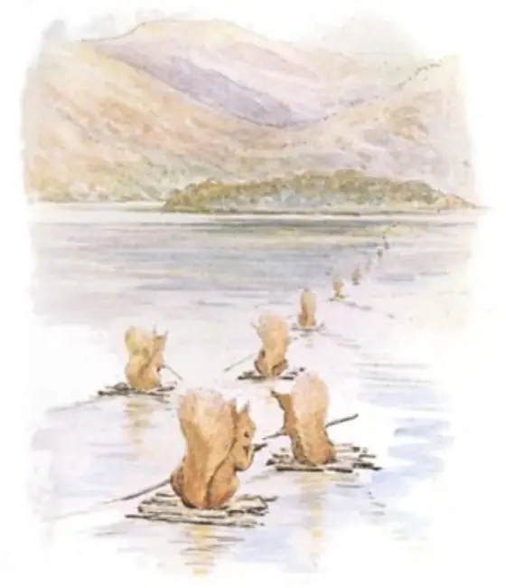 Beatrix Potter's picture for the passage: They made little rafts out of twigs, and they…
