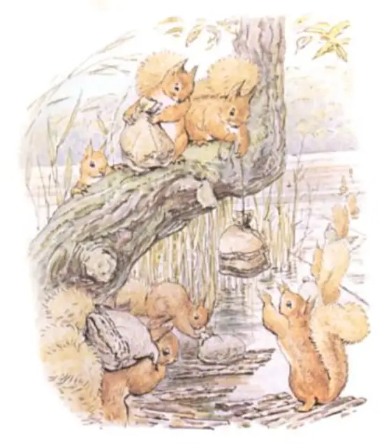 Beatrix Potter's picture for the passage: The squirrels filled their little sacks with nuts, and…