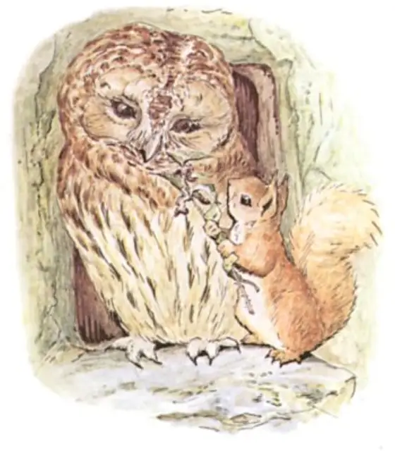 Beatrix Potter's picture for the passage: But Nutkin, who had no respect, began to dance…