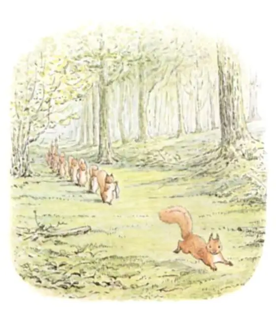 Beatrix Potter's picture for the passage: Twinkleberry and six other little squirrels each carried a…