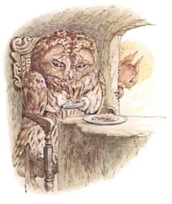 Beatrix Potter's picture for the passage: Old Mr. Brown turned up his eyes in disgust…