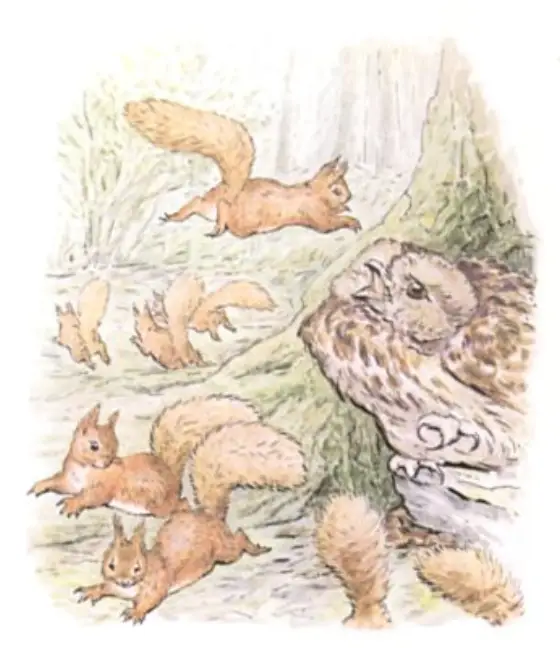 Beatrix Potter's picture for the passage: Nutkin began again—…