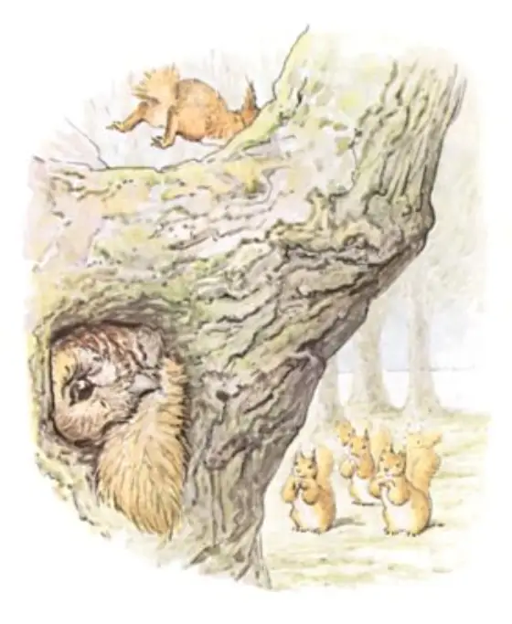 Beatrix Potter's picture for the passage: Old Brown carried Nutkin into his house, and held…
