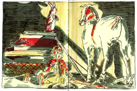 The Velveteen Rabbit listening to the wise old Skin Horse in the nursery.